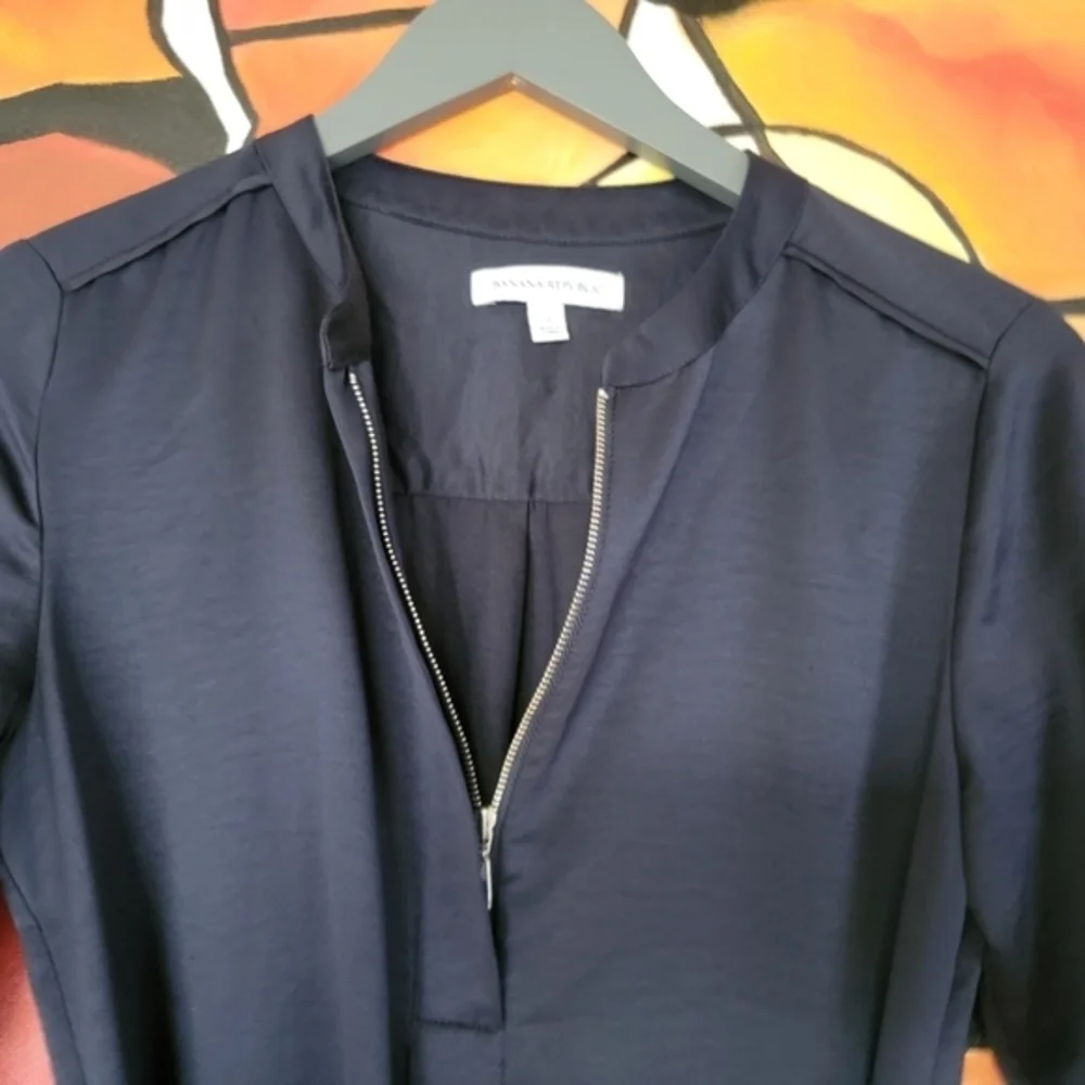 Banana Republic Womens Navy Blue Zip Front Tie Waist Long Sleeve Mini Dress Sz 2